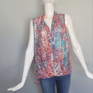 Bisou Bisou High Low Sleeveless Watercolor Print Top, VGUC, Size L